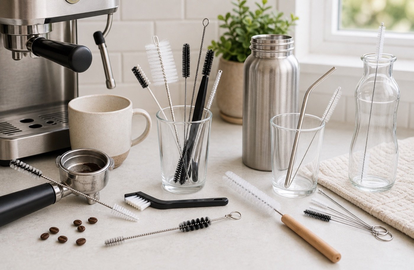 Coffee machine cleaning brushes, straw brushes, bottle brushes, mugs, stainless bottle, and narrow cleaning tools on a kitchen counter